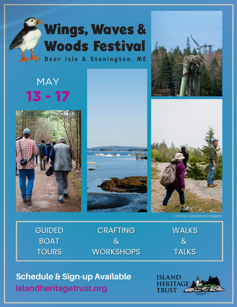 Wings Waves and Woods festival poster. The festival is May 13 - May 17, and will feature guided boat tours, crafting and workshops, and walks and talks. 
