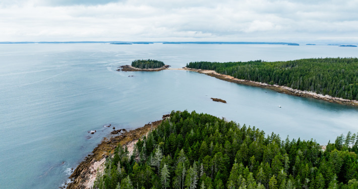 A moody shot of the Aragosta Cove, showing tree covered land surrounded by gray ocean.